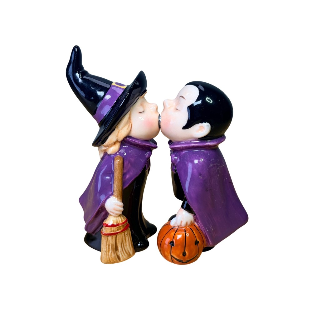 Halloween Kissing Witch Vampire Salt Pepper Shakers Boxed Set Spooky Kitchen